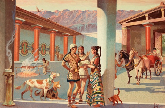Travelers prepare to depart after visiting a Mycenaean palace.